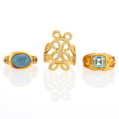 Lot 1214 - Three Gold and Colored Stone Rings