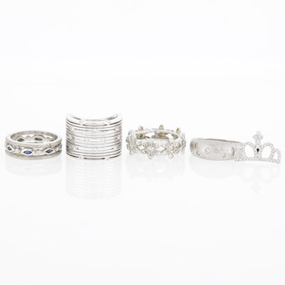 Lot 1229 - Four White Gold, Platinum, Diamond and Sapphire Rings and Crown Pendant