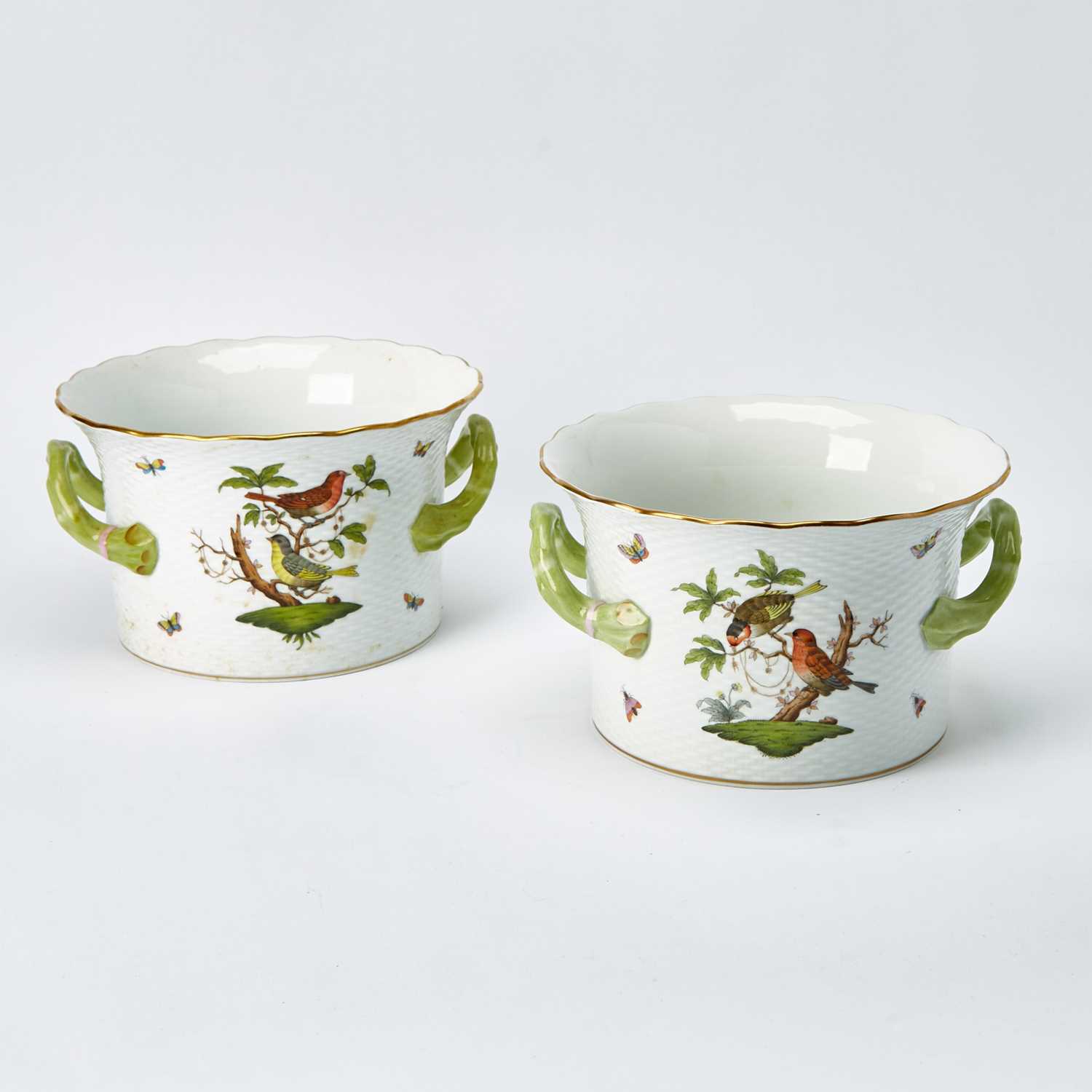 Lot 525 - Two Herend Gilt and Hand-Painted Porcelain "Rothschild Bird" Pattern Two-Handled Cachepots