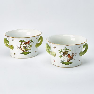 Lot 525 - Two Herend Gilt and Hand-Painted Porcelain "Rothschild Bird" Pattern Two-Handled Cachepots