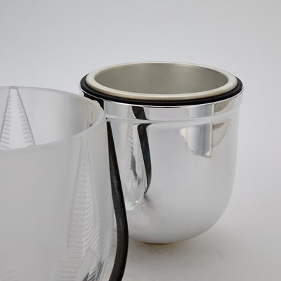 Lot 546 - Lalique Chromed Metal-Mounted Molded Glass "Rhodes" Pattern Ice Bucket and Cover