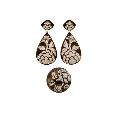 Lot 1192 - Lareina Pair of Low Karat White Gold, Oxidized Metal and Diamond Pendant-Earrings and Ring