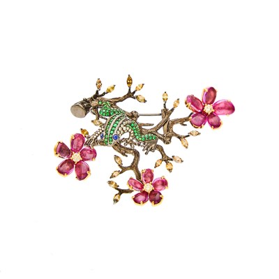 Lot 1041 - Gold, Oxidized Gold, Gem-Set, Diamond and Colored Diamond Clip-Brooch
