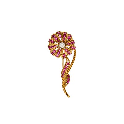Lot 1159 - Gold, Ruby and Diamond Flower Brooch