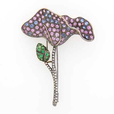 Lot 1043 - Oxidized Gold and Gem-Set Flower Brooch