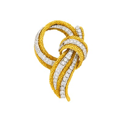 Lot 85 - Gold, Platinum and Diamond Knot Clip-Brooch