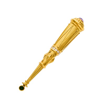 Lot 1145 - Gold, Cabochon Amethyst, Peridot and Diamond Dirk Clip-Brooch