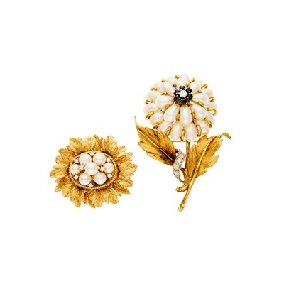 Lot 1197 - Two Gold, Cultured Pearl and Diamond Flower Brooches