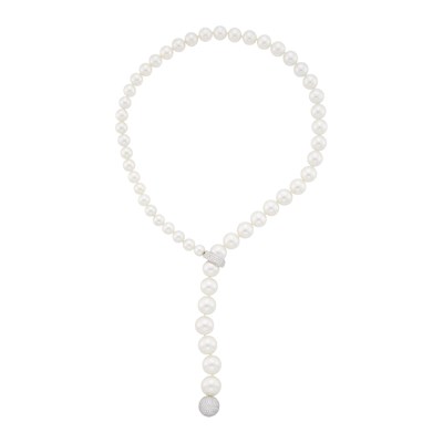 Lot 152 - South Sea Cultured Pearl, White Gold and Diamond Lariat Necklace