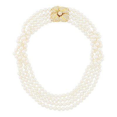 Lot 1125 - Mikimoto Four Strand Cultured Pearl Necklace with Gold and Diamond Flower Clasp