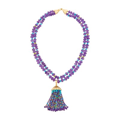 Lot 123 - Double Strand Amethyst, Chrysocolla and Peridot Bead Tassel Pendant-Necklace