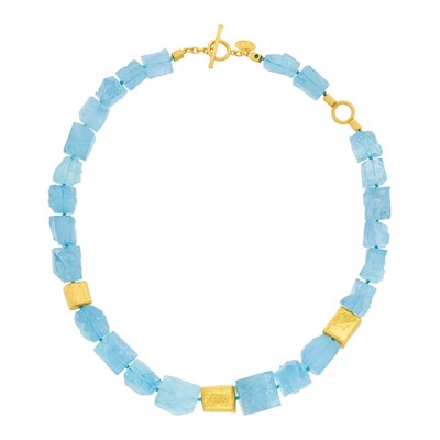 Lot 137 - Aquamarine and High Karat Gold Bead Necklace with Toggle Clasp