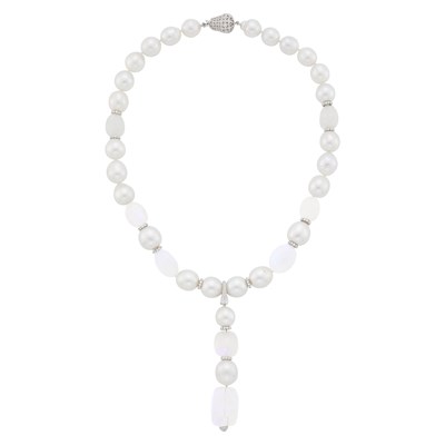Lot 50 - Semi-Baroque South Sea Cultured Pearl, Tumbled Rainbow Moonstone Bead, White Gold and Diamond Pendant-Necklace