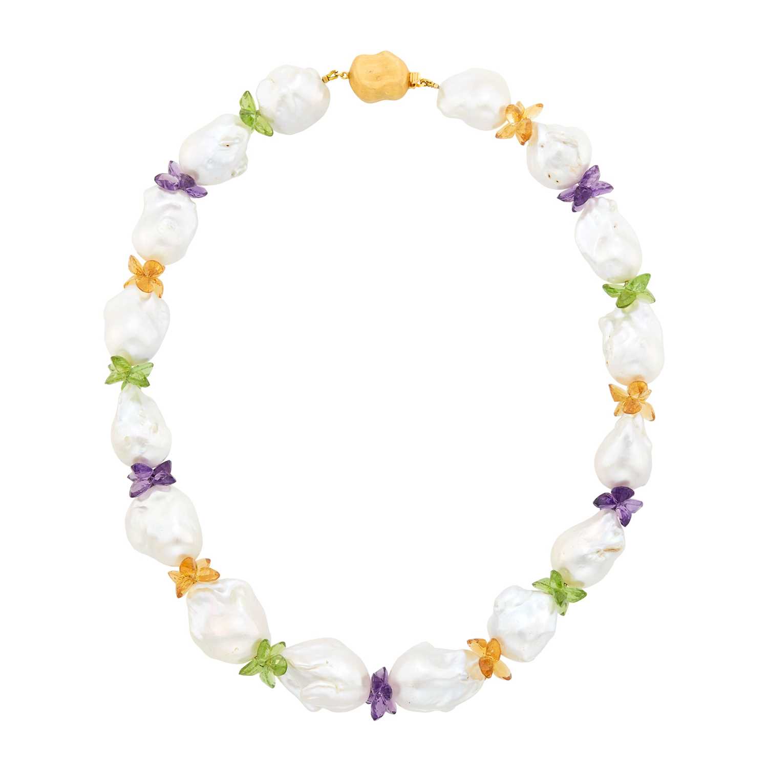 Lot 8 - Baroque South Sea Cultured Pearl, Amethyst, Citrine and Peridot Necklace with Gold Clasp