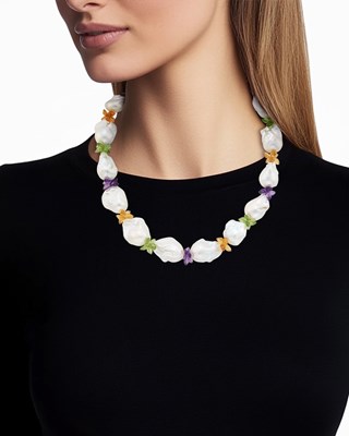 Lot 8 - Baroque South Sea Cultured Pearl, Amethyst, Citrine and Peridot Necklace with Gold Clasp