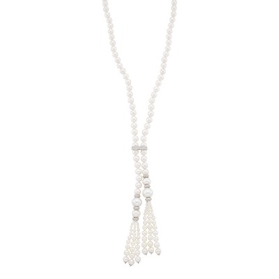 Lot 140 - Long Cultured and South Sea Cultured Pearl, White Gold and Diamond Lariat Tassel Necklace