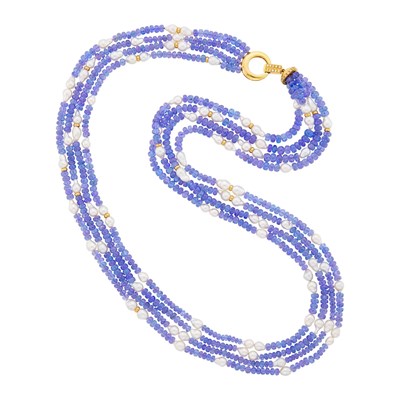 Lot 119 - Long Four Strand Tanzanite Bead, Baroque Cultured Pearl and Gold Bead Necklace with Gold and Diamond Clasp