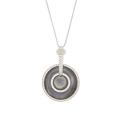 Lot 1062 - Picchiotti White Gold, Grey Mother-of-Pearl, Frosted Rock Crystal and Diamond Pendant with Chain Necklace