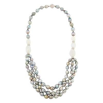 Lot 1077 - Baroque Tahitian Gray Cultured Pearl, Tumbled Moonstone Bead, White Gold and Diamond Necklace