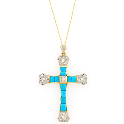 Lot 1138 - Gold, Platinum, Turquoise and Diamond Cross Pendant with Chain Necklace