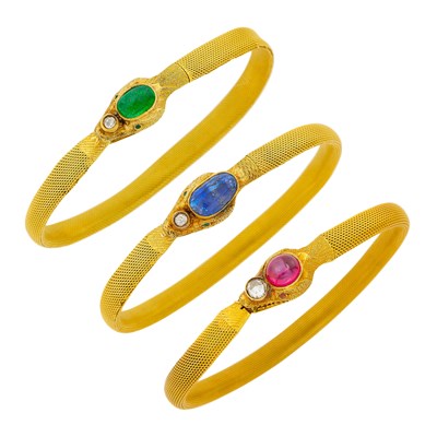 Lot 80 - Three Antique Gold, Colored Stone and Diamond Serpent Mesh Bracelets