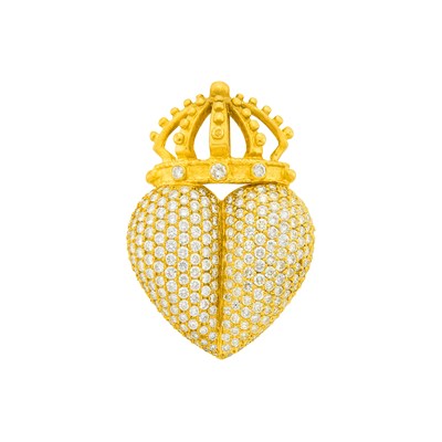 Lot 1031 - Gold and Diamond Heart and Crown Pendant-Brooch