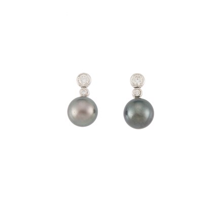 Lot 1078 - Pair of White Gold, Tahitian Gray Cultured Pearl and Diamond Pendant-Earrings
