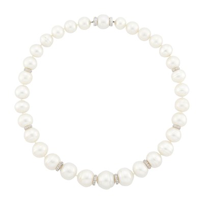 Lot 1075 - Semi-Baroque Cultured Pearl, White Gold and Colored Diamond Necklace