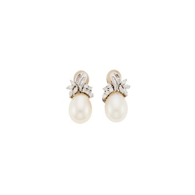 Lot 1080 - Pair of White Gold, Freshwater Cultured Pearl and Diamond Earrings