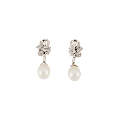 Lot 1126 - Pair of White Gold, Diamond and Cultured Pearl Pendant-Earrings