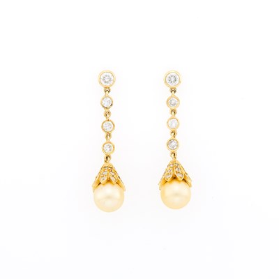 Lot 1183 - Pair of Gold, Diamond and Cultured Pearl Pendant-Earrings