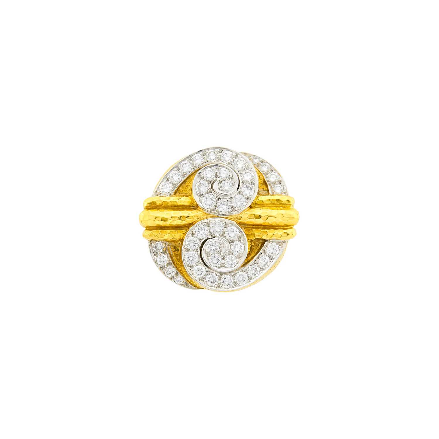 Lot 160 - David Webb Hammered Gold, Platinum and Diamond 'Double Scroll' Ring