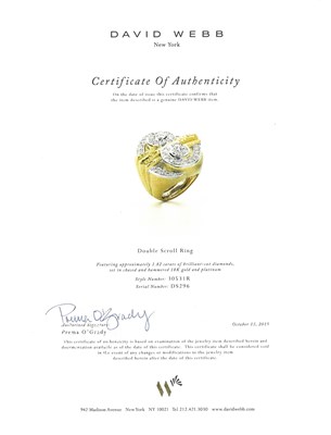 Lot 160 - David Webb Hammered Gold, Platinum and Diamond 'Double Scroll' Ring