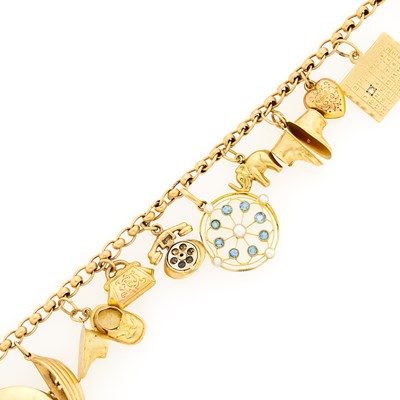 Lot 1152 - Gold, Aquamarine, Pearl and Diamond Charm Bracelet