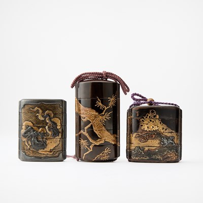 Lot 327 - Three Japanese Black and Gilt Lacquered Inro