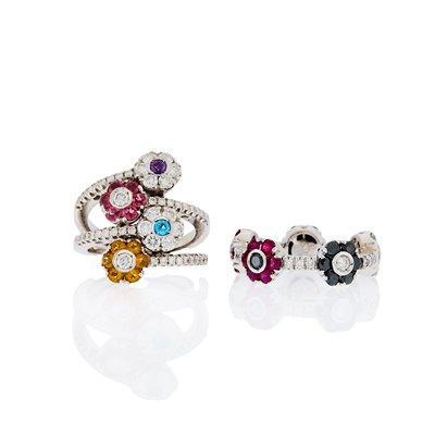 Lot 2101 - Two White Gold, Gem-Set, Diamond and Black Diamond Flower Rings