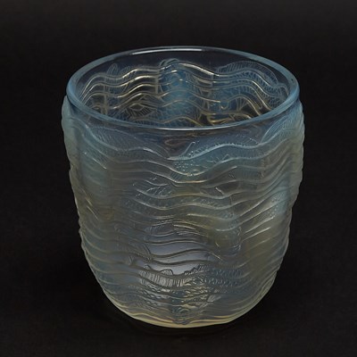 Lot 291 - R. Lalique Molded Opalescent Glass "Dauphins" Vase