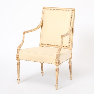 Lot 106 - Continental Neoclassical Upholstered Painted and Parcel Gilt Armchair