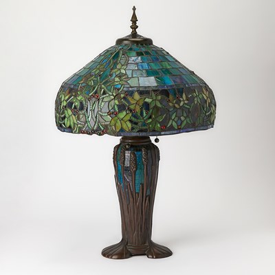Lot 308 - Art Nouveau Style Faux Bronze, Glass Tile and Leaded Glass Table Lamp