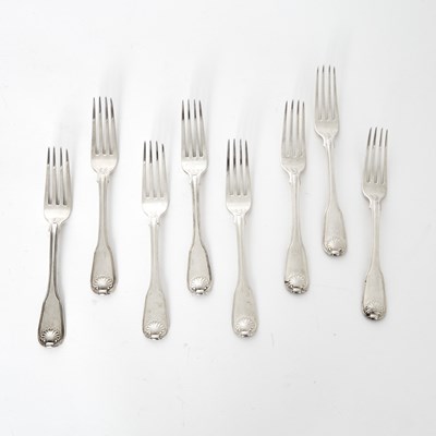 Lot 59 - Set of Eight George III Sterling Silver "Thread and Shell" Pattern Dinner Forks by Paul Storr
