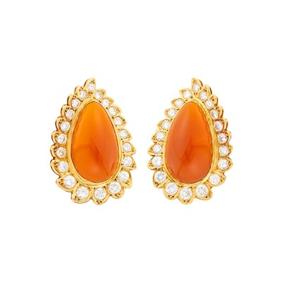 Lot 18 - Pair of Gold, Carnelian and Diamond Earclips