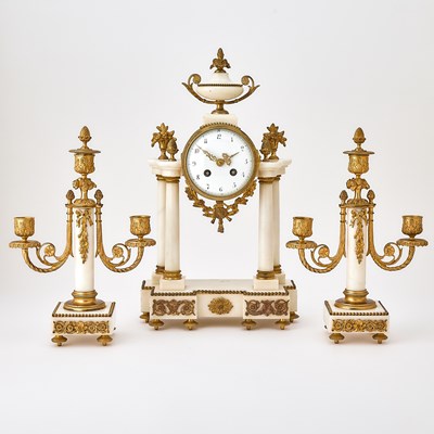 Lot 119 - Louis XVI Style Gilt-Metal and Mable Three-Piece Clock Garniture