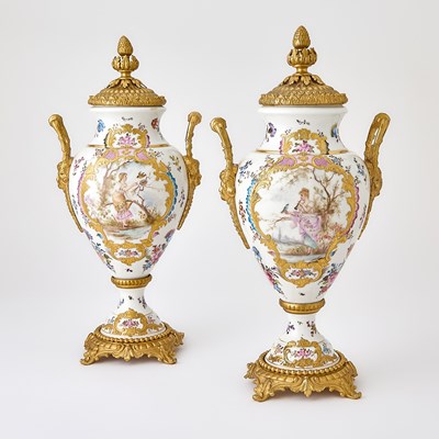 Lot 122 - Pair of Sèvres Style Gilt-Metal Mounted Porcelain Two-Handled Vases and Covers
