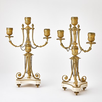 Lot 166 - Pair of Louis XVI Style Gilt-Metal and Marble Three-Light Candelabra