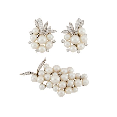 Lot 1067 - White Gold, Cultured Pearl and Diamond Brooch and Pair of Earclips