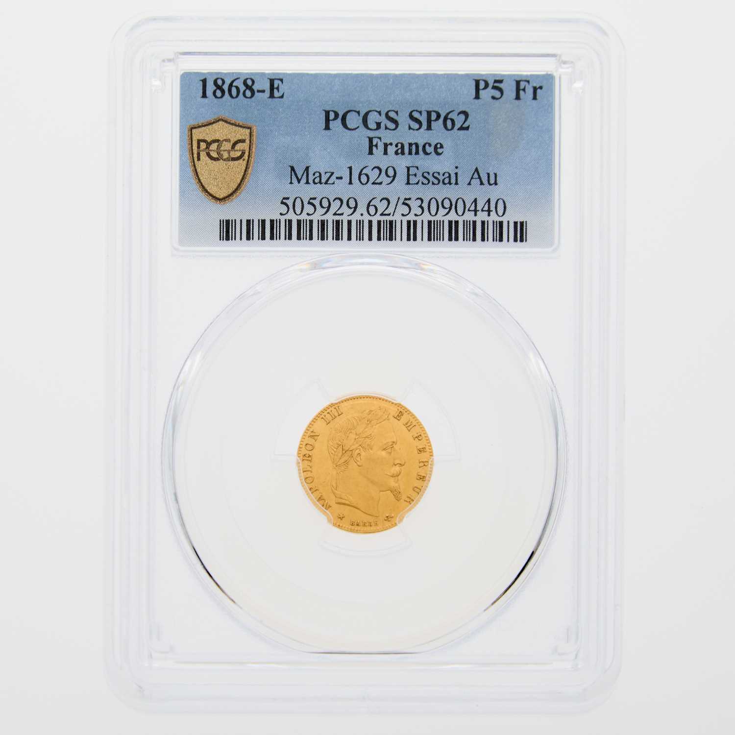 Lot 64 - France. 1868-E 5 Francs Gold Essai. PCGS SP-62.