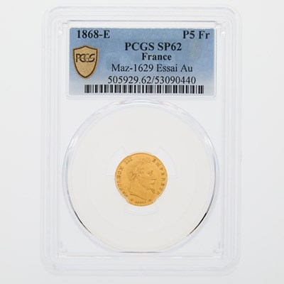 Lot 64 - France. 1868-E 5 Francs Gold Essai. PCGS SP-62.