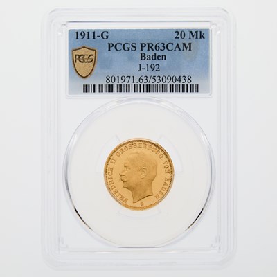 Lot 62 - German States, Baden. 1911-G 20 Marks. PCGS PF-63 Cameo.