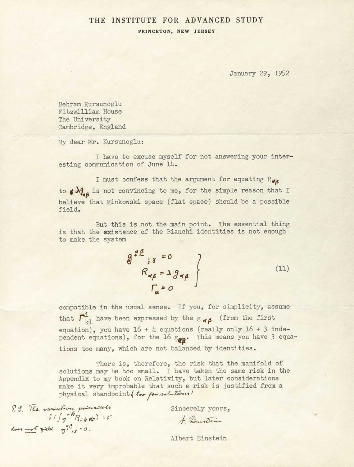 Lot 112 - Einstein discusses General Relativity and the Unified Field Theory