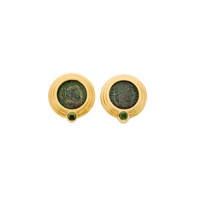 Lot 1033 - Pair of Gold, Bronze Coin and Cabochon Tourmaline Earclips